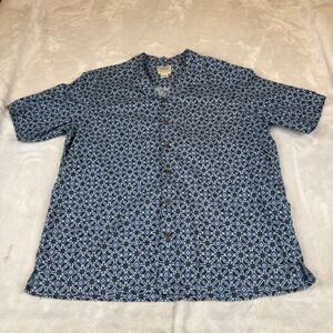 LL Bean Mens Large Blue Geometric Tile Print Cotton Camp Shirt 300229